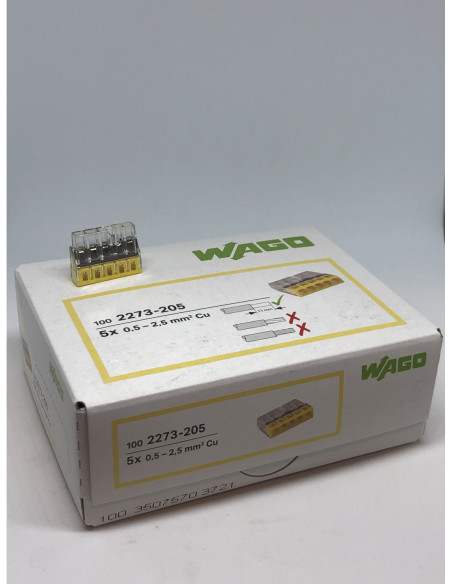 Geltona 5 laidų jungtis WAGO 2273-205, 0.5-2.5mm2, 24A,100vnt